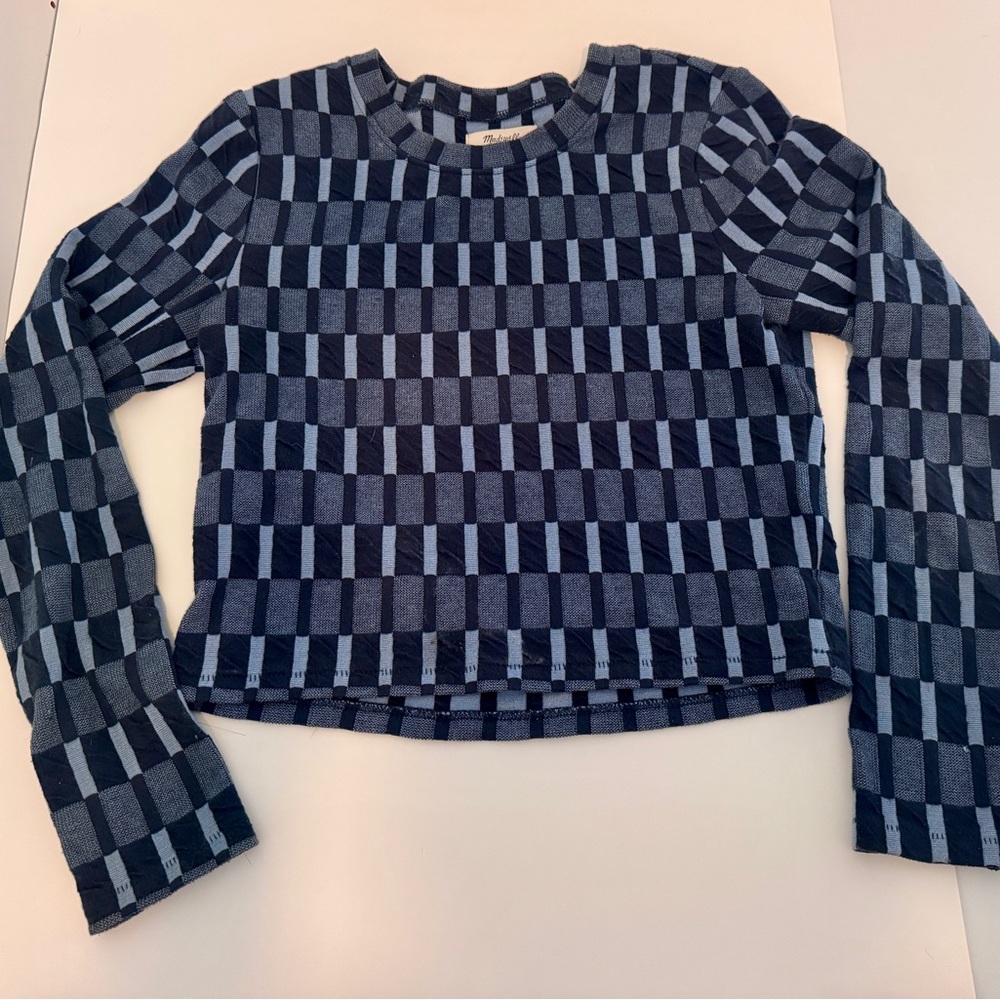 Madewell Cropped Blue Checked Knit Top